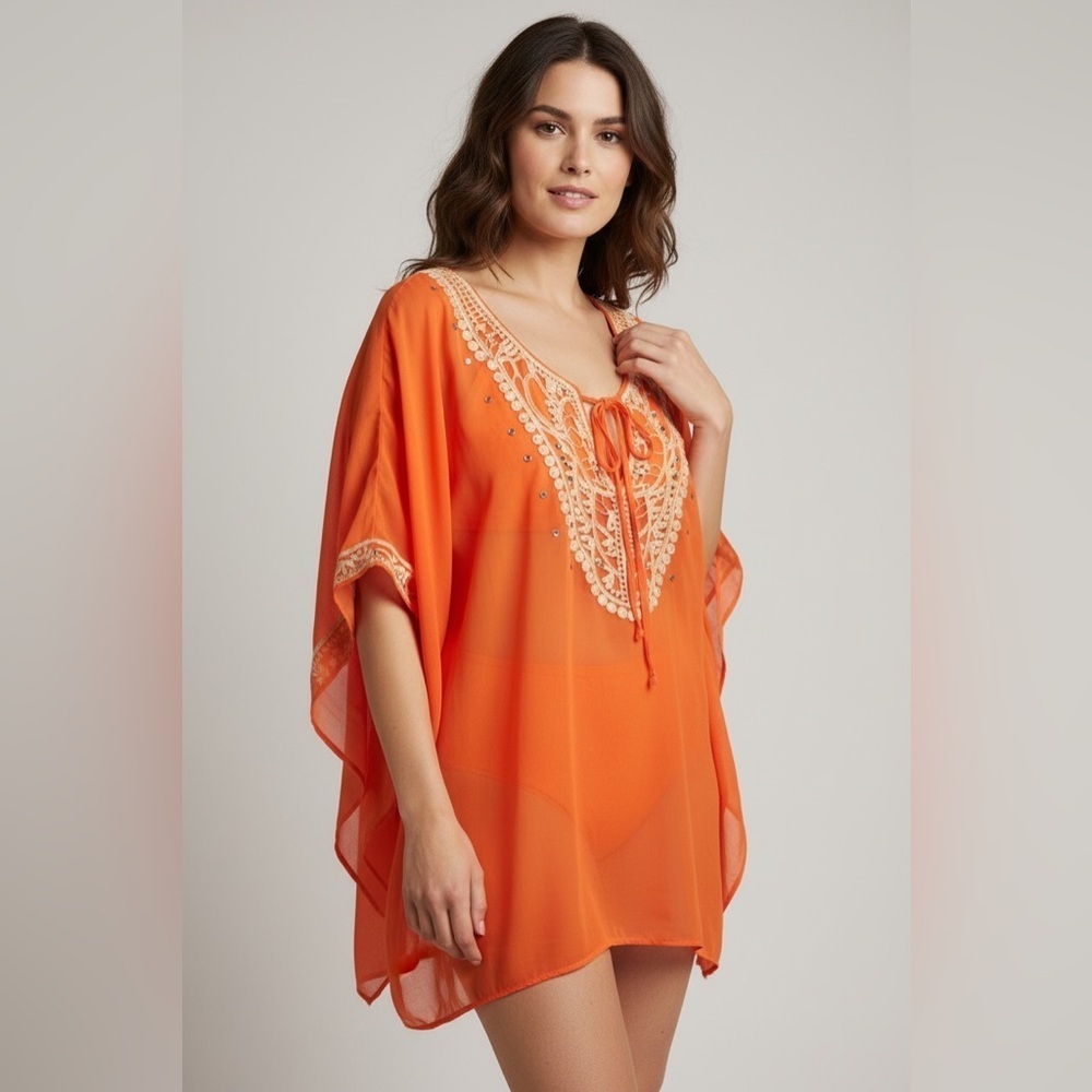 Lola B orange and cream swimsuit cover up. Silver studded in front. NWOT. Large.